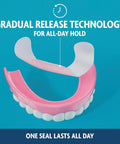 Original Flavor Denture Adhesive Seal For Lower Dentures, Zinc Free, All Day Hold, Mess Free, 30 Count Pack on pink denture model