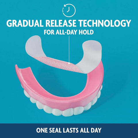 Original Flavor Denture Adhesive Seal For Lower Dentures, Zinc Free, All Day Hold, Mess Free, 30 Count Pack on pink denture model