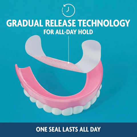 Secure Denture Adhesive Seals For Upper Dentures Zinc Free All Day Hold No Mess with gradual release technology illustration