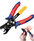 Air Line Removal Tool For 3/8 And 1/2 Inch Push-To-Connect Fittings With Quick Release Pliers One-Handed Disconnection For Pneumatic Systems Quick Connects Automotive Hoses And Maintenance, black steel pliers with red blue handles
