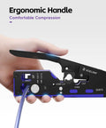 Close-up of hand holding Versatile All In One RJ45 Crimp Tool With Adjustable Knob for CAT7 CAT6A CAT6 CAT5E and CAT5 connections.