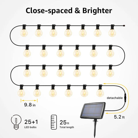 Diagram of Solar Outdoor String Lights 25ft 26 LED G40 Bulbs USB Rechargeable Edison for Porch, showing light spacing and solar panel.