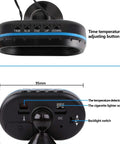 Car thermometer LCD clock, black round 12–24V gauge with blue ring and 2 backlights; temp probe and lighter sockets.