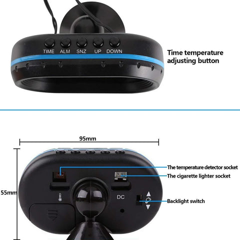 Car thermometer LCD clock, black round 12–24V gauge with blue ring and 2 backlights; temp probe and lighter sockets.