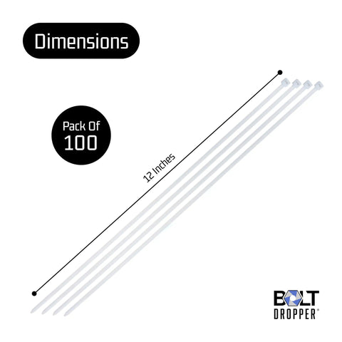 Heavy Duty 12 Inch White Zip Cable Ties 100 Pack With 40 Lbs Tensile Strength Self Locking Premium Nylon Cables dimensions