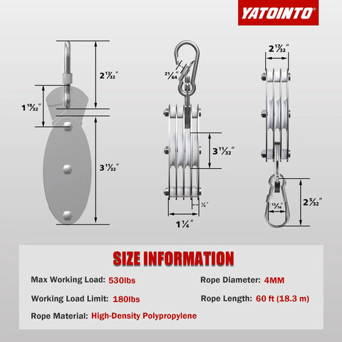 530 Lbs Upgraded Rope Hoist Pulley System Block Tackle 60 Ft Black Heavy Duty Lifting Kit For Garage And Workshop, size diagram