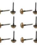 Premium Antiqued Brass Upholstery Tacks 24 Piece Set Heavy Duty Furniture Nail Heads displayed in a grid layout for easy viewing.