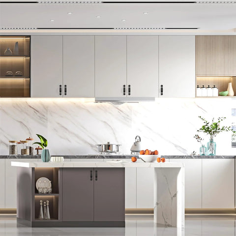 Modern kitchen with white cabinets featuring 10 Pack 3 Inch Matte Black Cabinet Handles For Kitchen Cupboards And Drawers.
