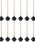 Six Pack Heavy Duty Black Toilet Plungers Featuring Solid Wood Handles And Beefy Rubber Cups arranged in rows on a white background.