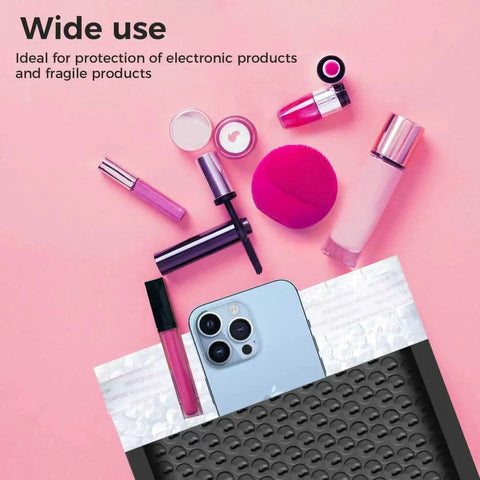 Black 6x10 Inch Bubble Mailers Self Sealing Padded Shipping Envelopes with cosmetics and phone displayed