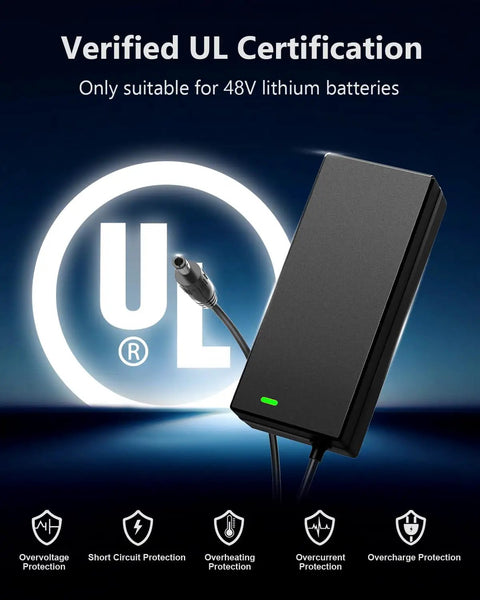 48V Lithium Battery Charger For Electric Bikes UL Certified 54.6V 2A Fast Charger With Auto Shutoff Intelligent Temperature Control And Fire Resistant Case For 48V E Bike Batteries Only