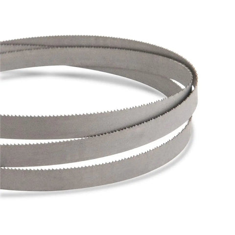 Heavy Duty Bimetal Bandsaw Blade Knocks Out Soft Metal Work Fast 60 Inch Length With 14 Tpi Tooth Layout Sized At Half Inch Wide For Clean Aluminum Copper Brass And Zinc Jobs Daily. Bimetal saw blade close-up.