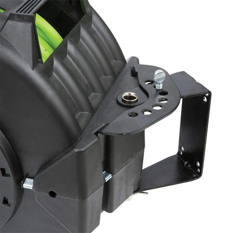 Close-up of Levelwind Retractable Air Hose Reel 3/8 Inch By 75 Feet Workhorse Heavy Duty Hybrid ZillaGreen casing bracket.