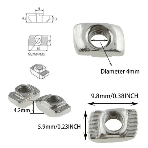 Heavy Duty M4 T Slot Nuts Set 100 Pieces Nickel Plated Carbon Steel Half Round Sliding Fasteners with Measurements for 2020 Profiles