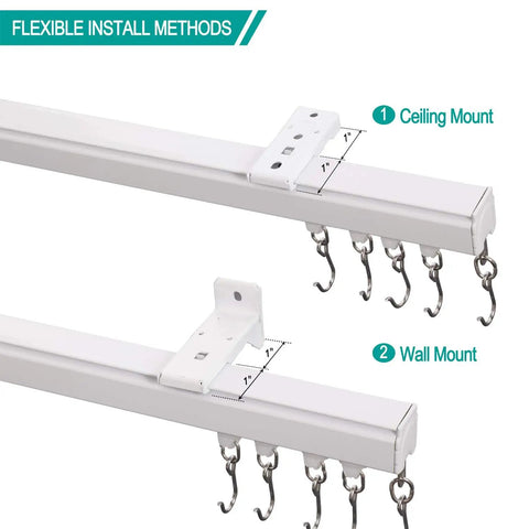 Durable Aluminum Curtain Track Rod Set With Hooks, No Fuss Adjustable 6Ft To 9Ft Length, Wall Or Ceiling Mount, White Finish