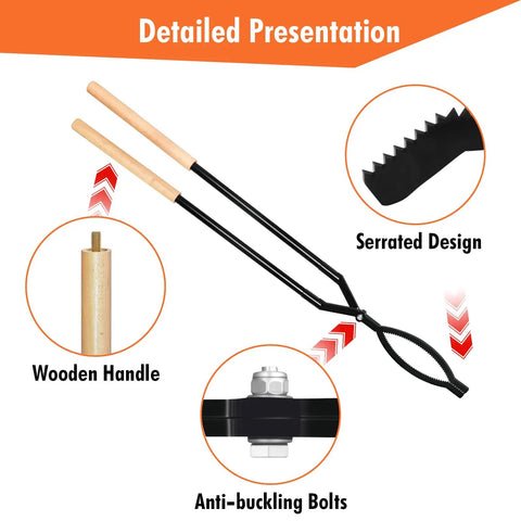 Detailed view of 42 Inch Detachable Fire Tongs with serrated design, wooden handles, and anti-buckling bolts