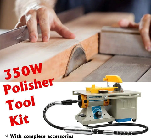 Mini Table Saw For Rock And Jewelry Making With Flexible Shaft 0 To 10000 RPM 6 Inch Workspace Polishing Bench Buffer Grinding Machine shown with hands on wood.