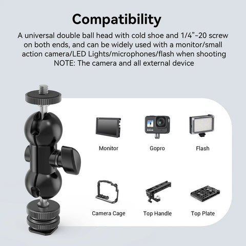 Compatibility of Double Ball Head with Cold Shoe Mount and One Quarter Inch Screws for Monitors, LED Lights, Microphones