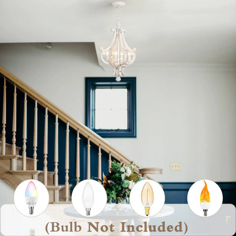 White metal chandelier in modern farmhouse setting, staircase background, E26 bulbs shown, bulbs not included in image