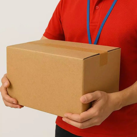 Person holding box sealed with Eco Friendly Brown Kraft Paper Packaging Tape, Tough As Nails Heavy Duty Biodegradable Sealing Tape