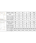 Size chart for shirts and pants in various measurements including bust, waistline, and length for sizes XS to 3XL.