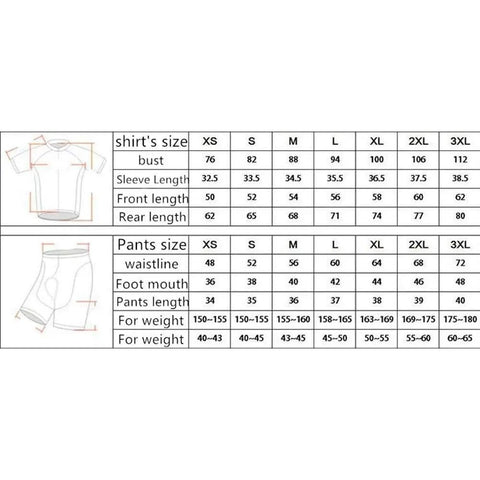 Size chart for shirts and pants, showing measurements for XS to 3XL, including bust, waistline, and length details.