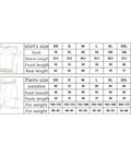 Size chart for shirts and pants showing measurements for XS to 3XL fitting guidelines.