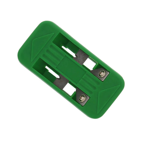 Pro Grade Wood Veneer Double Edge Banding Trimmer with 6 blades, green handle, top view