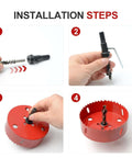 4-inch bi-metal M42 hole saw with pilot drill bit; red hole saw body shown in a four-step installation sequence.