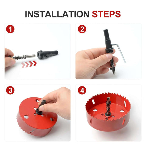 4-inch bi-metal M42 hole saw with pilot drill bit; red hole saw body shown in a four-step installation sequence.