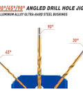 Angled Drill Guide Jig For Cable Railing And Deck Posts With 30 45 90 Degree Holes, all-metal build, blue jig with drill bits
