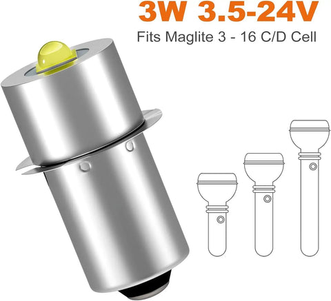 LED Flashlight Bulb Conversion Kit 12V 24V DC 3W P135S Base For Maglite And More with diagram and voltage details