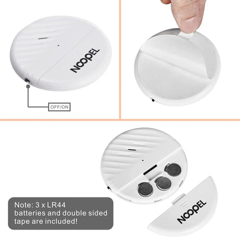 5 Pack Glass Break Alarm Sensor For Home Security, 125dB Window Alarm With Adjustable Sensitivity And Low Battery Indicator, Easy Install, Heavy Duty Anti Theft Protection For Windows And Glass. White round plastic sensor with off/on switch, batteries