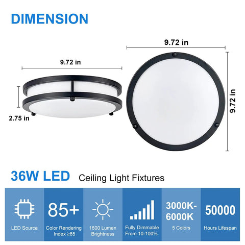 Dimensions and features of 36W LED ceiling light fixtures with 9.72-inch diameter and 2.75-inch depth.