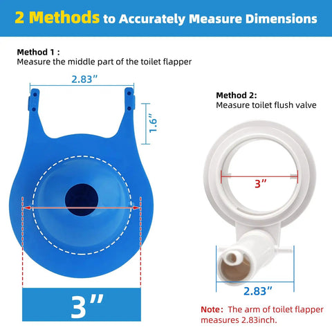 Two Pack 3 Inch Toilet Flappers Replacement For 99 788 Flush Valves, showing measurement methods for installation.
