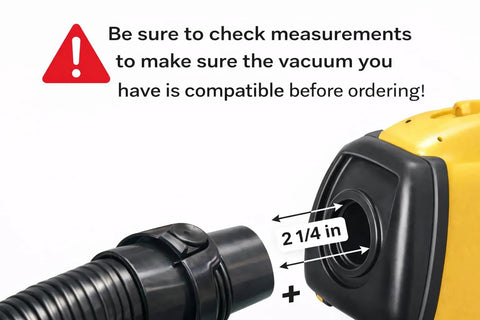 Crush Resistant Vacuum Hose Replacement For Eureka and Sanitaire showing compatibility measurement of 2 1/4 inches with vacuum port.