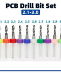 PCB Drill Bit Set 2.1-3.0mm with colored rings, 10-piece mini twist bits, hard alloy, for circuit boards and hobby electronics.