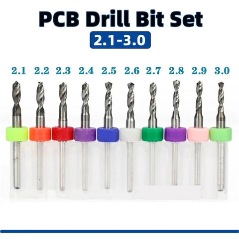 PCB Drill Bit Set 2.1-3.0mm with colored rings, 10-piece mini twist bits, hard alloy, for circuit boards and hobby electronics.