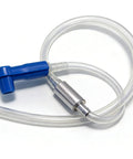Universal Brake Bleeder Kit With One Way Check Valve Adapter shown with clear hose and blue nozzle for hydraulic systems