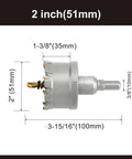 Front view of 2-inch tungsten carbide hole saw with titanium-plated pilot drill bit