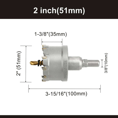Front view of 2-inch tungsten carbide hole saw with titanium-plated pilot drill bit