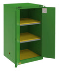Heavy Duty Double Wall Steel Pesticide Storage Cabinet With 60 Gallon Capacity showcasing open green cabinet with yellow shelves.