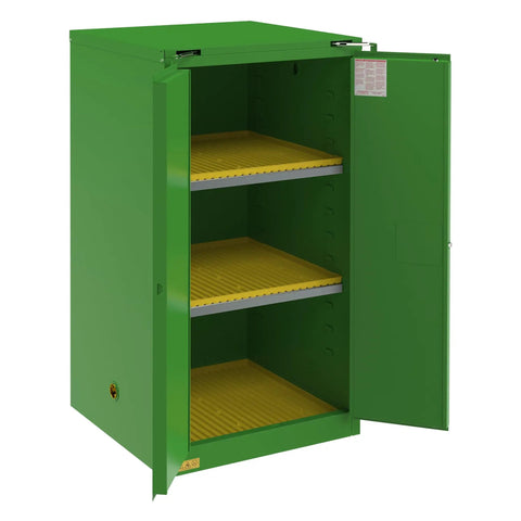 Heavy Duty Double Wall Steel Pesticide Storage Cabinet With 60 Gallon Capacity showcasing open green cabinet with yellow shelves.