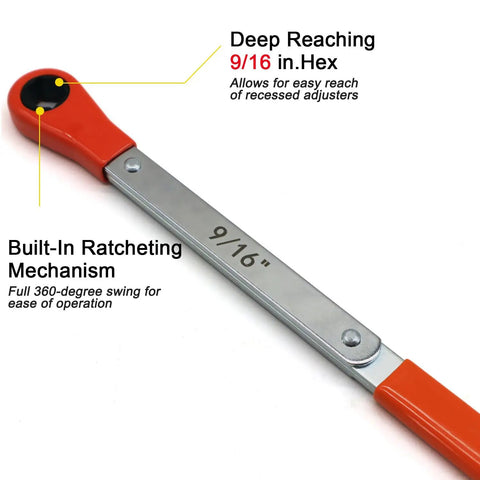 9/16 inch ratcheting wrench from Automatic Slack Adjuster Release Tool For Air Braking Systems And Double Square Ratcheting Wrench Set 5/16 7/16 9/16 Inches For Heavy Duty Trucks And Trailers No Nonsense Brake Service.