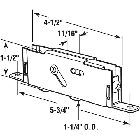 Diagram of Tandem Replacement Sliding Patio Door Rollers Kit with measurements, 1-1/4 inch steel ball bearing wheels, 5-3/4 inch centers.