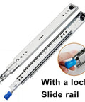 Full Extension Ball Bearing Drawer Runners With Soft Close Cabinet Slides That Pull Out Smooth As Butta For Heavy Duty Kitchen Storage And Office Drawers Rock Solid Three Section Easy Install Glides shown with locking mechanism and sleek design.