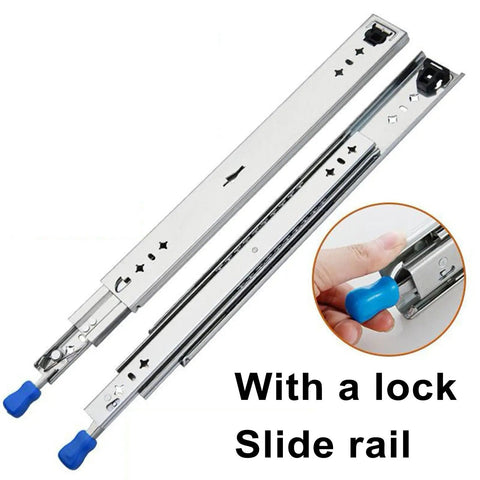 Full Extension Ball Bearing Drawer Runners With Soft Close Cabinet Slides That Pull Out Smooth As Butta For Heavy Duty Kitchen Storage And Office Drawers Rock Solid Three Section Easy Install Glides shown with locking mechanism and sleek design.