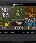 Smart Weather Station Setup Ready With WiFi Remote Monitoring And Alerts For Home And Backyard Indoor Outdoor Sensor Array With Rain Gauge Wind Speed And Direction Temperature Humidity UV And Solar Radiation Feels Like Forecast And Color LCD Display showing weather data on screen.