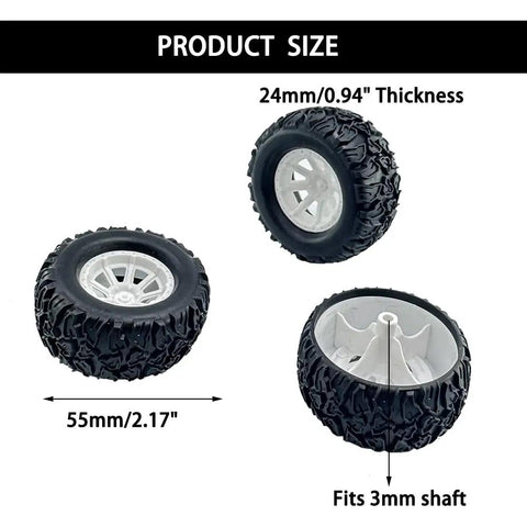 4 Pack RC Car Wheel Set With Rubber Tires And Metal Shaft Axles For Remote Control Cars Trucks And Robots 55mm Diameter 3mm Shaft 100mm Axle