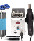 Hot Air Soldering Gun 858D 700W with Adjustable Airflow and Temperature, LCD Display, tools and accessories for SMD rework.
